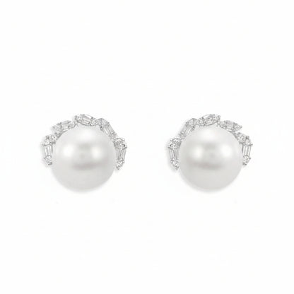 18k white gold stud earrings with South Sea pearl and diamond surrounding