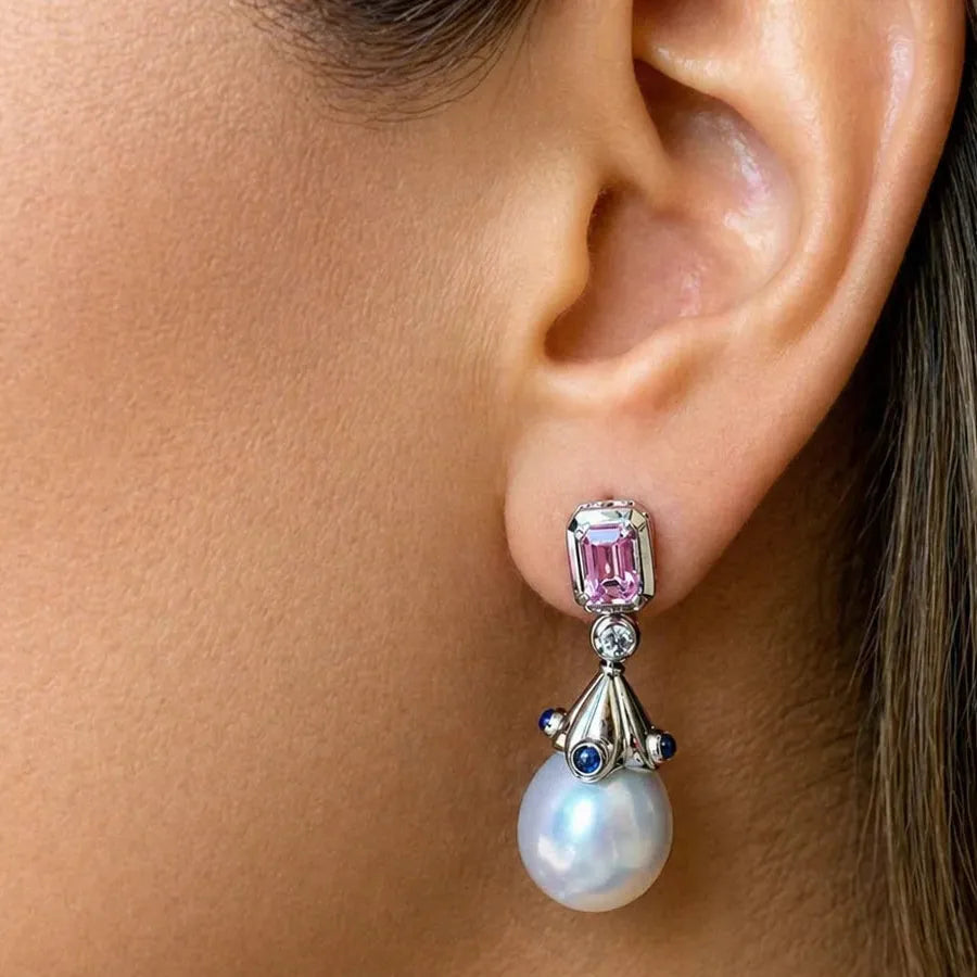 18k gold drop earrings with South Sea pearls and sapphire accents