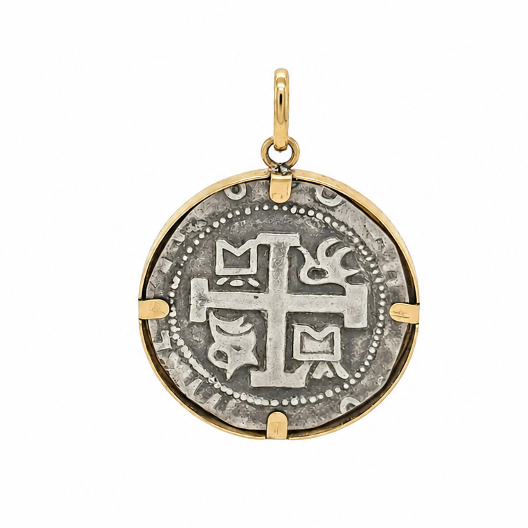 Spanish coin pendant in a 14k yellow gold bezel