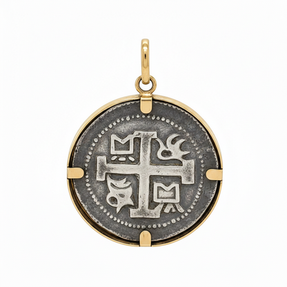 Spanish coin pendant in a 14k yellow gold bezel
