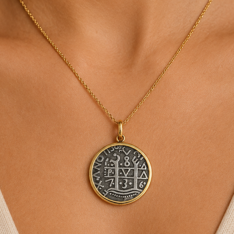 Spanish coin pendant in a 14k yellow gold bezel