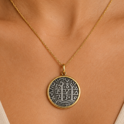Spanish coin pendant in a 14k yellow gold bezel