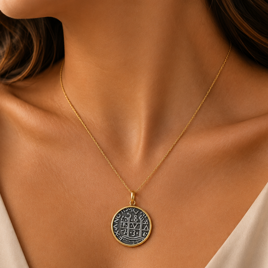 Spanish coin pendant in a 14k yellow gold bezel