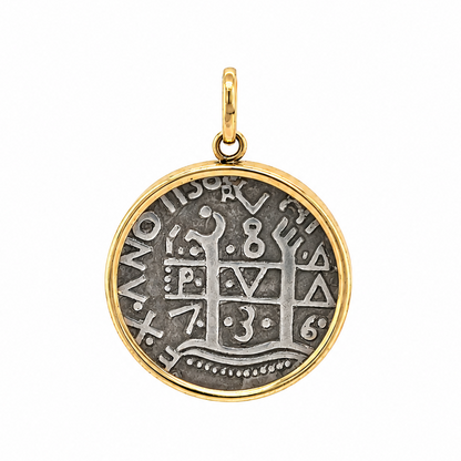 Spanish coin pendant in a 14k yellow gold bezel