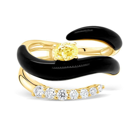 18k yellow gold open spiral ring with black agate ends and brilliant-cut diamonds totaling 0.71 carats