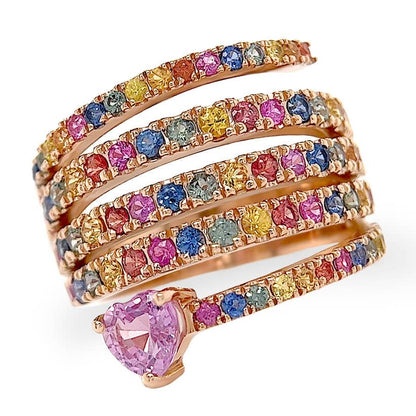 18k rose gold ring with spiral of multicolor sapphires leading to a heart-shaped pink sapphire