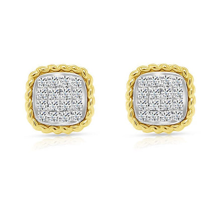 18k gold square stud earrings with 32 round brilliant-cut diamonds totaling 0.35 carats