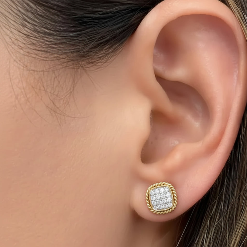 18k gold square stud earrings with 32 round brilliant-cut diamonds totaling 0.35 carats