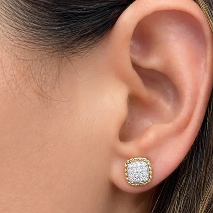 18k gold square stud earrings with 32 round brilliant-cut diamonds totaling 0.35 carats