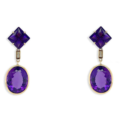 14k yellow gold stud earrings featuring square and oval amethysts with diamond accents