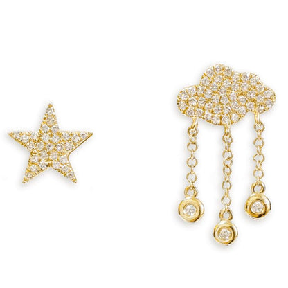 14k gold star and cloud stud earrings with diamond accents
