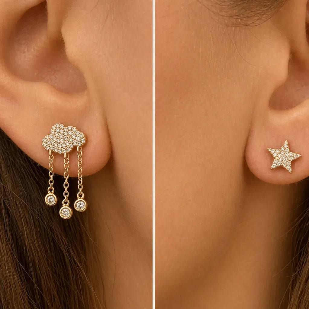 14k gold star and cloud stud earrings with diamond accents