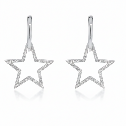14k white gold star diamond drop huggie earrings