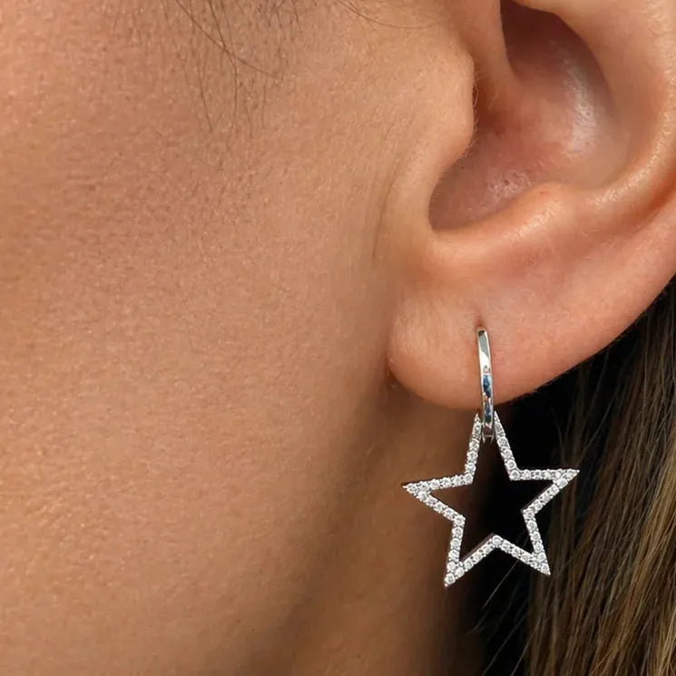 14k white gold star diamond drop huggie earrings