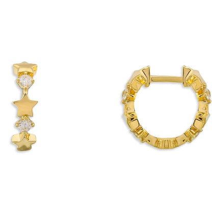 18k gold huggie earrings with hanging star charms and diamond accents