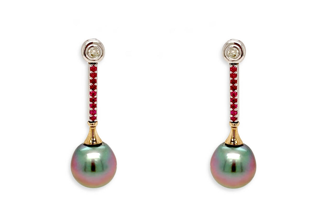 18k gold drop earrings with Tahitian pearls, ruby accents, and diamonds