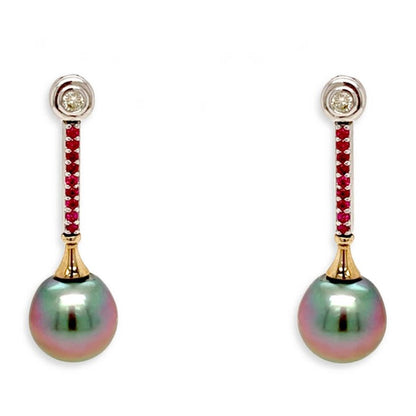 18k gold drop earrings with Tahitian pearls, ruby accents, and diamonds