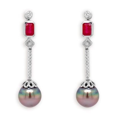 18k gold drop earrings with Tahitian pearls, rubies, and diamond accents