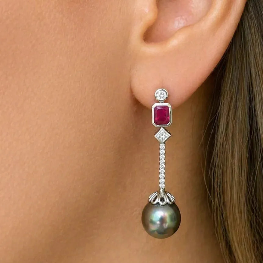 Tahitian Pearl &amp; Ruby Diamond Drop Earrings – 18k Gold