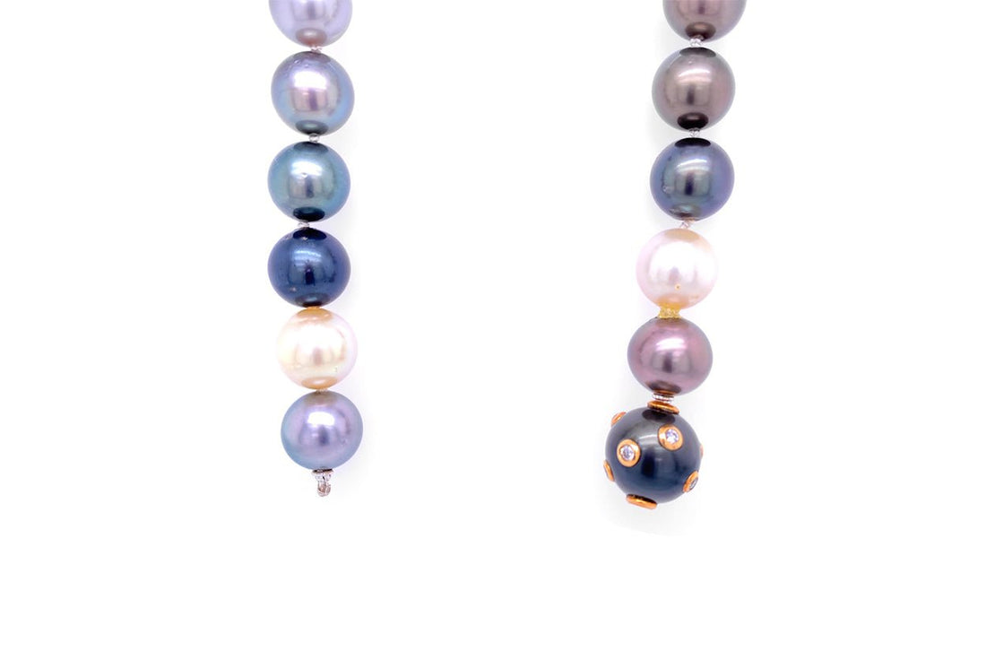 18k gold brooch-style necklace with Tahitian South Sea pearl and diamond accents