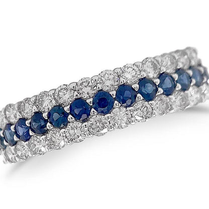 18k white gold band with central blue sapphire row flanked by diamond rows