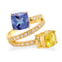 18k yellow gold Toi et Moi ring with tanzanite, sapphire, and diamond accents