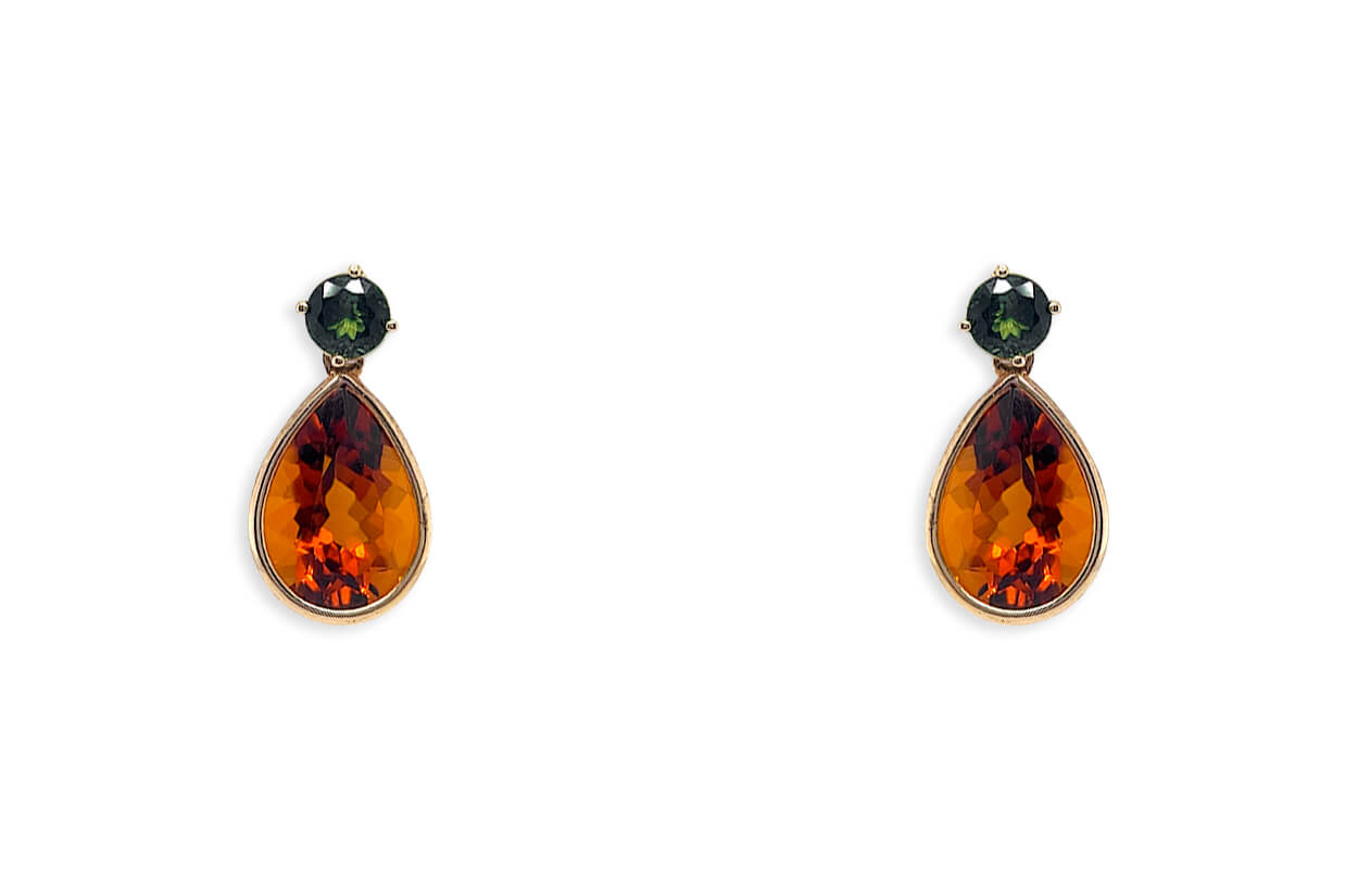 18k yellow gold drop earrings with round green tourmalines and pear citrine drops