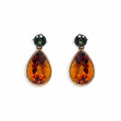 18k yellow gold drop earrings with round green tourmalines and pear citrine drops