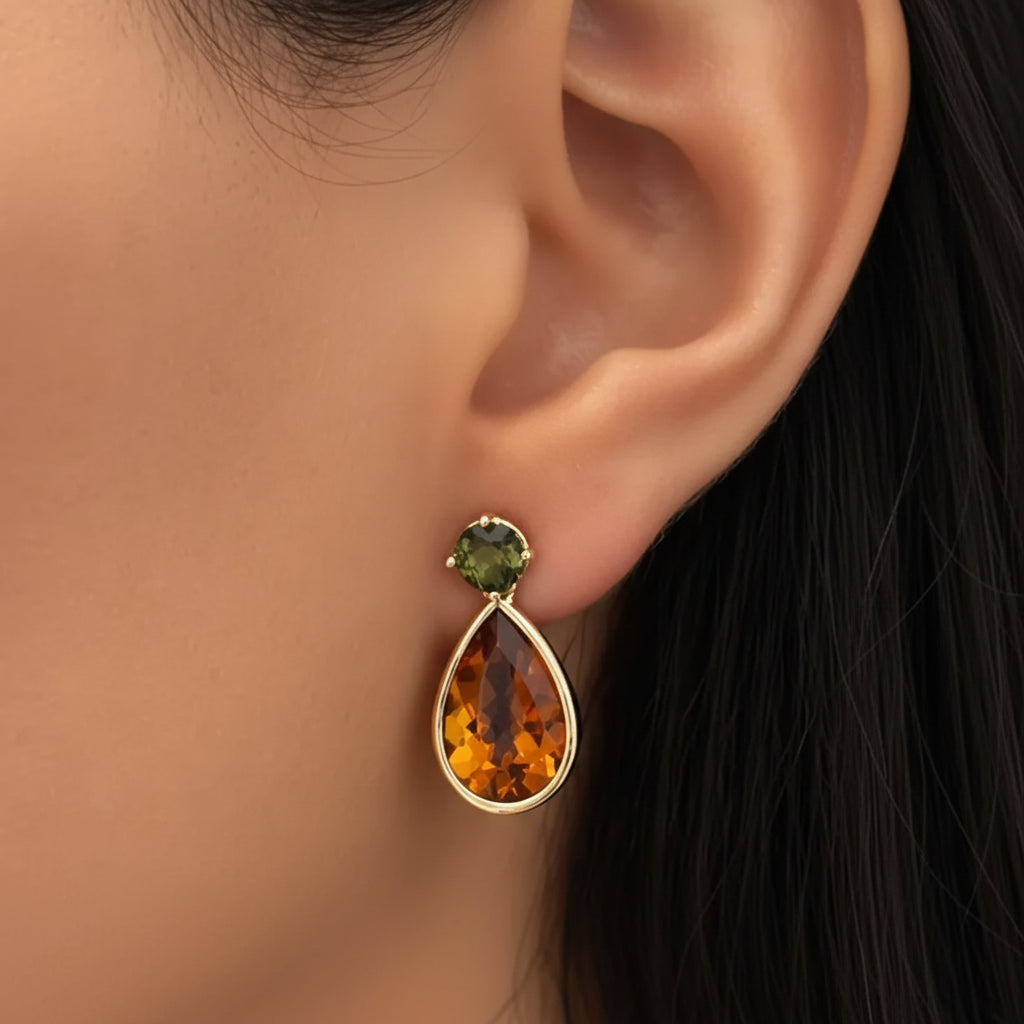 18k yellow gold drop earrings with round green tourmalines and pear citrine drops