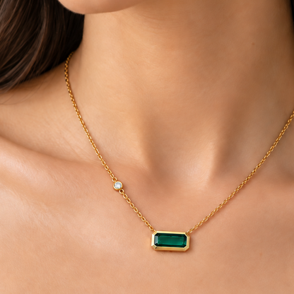 Emerald-cut tourmaline pendant in 14k yellow gold, detail view
