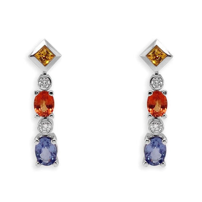 18k gold drop earrings with blue, orange, and yellow sapphire accents and diamonds