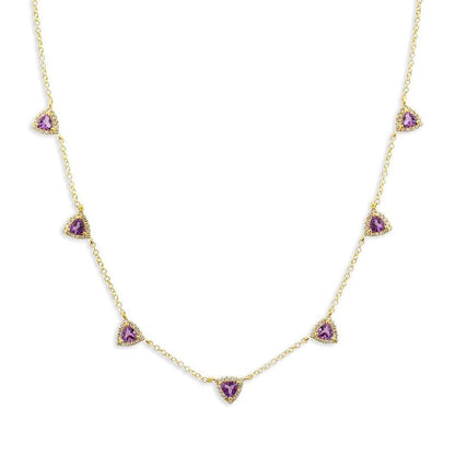14k gold necklace with seven trillion-cut amethyst stones and round diamond accents