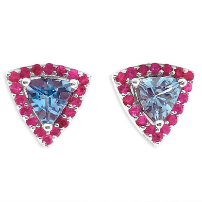 18k gold earrings with trillion-cut aquamarine and pink sapphire accents