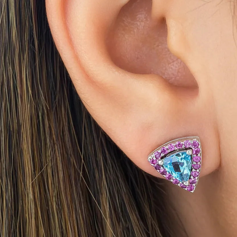 18k gold earrings with trillion-cut aquamarine and pink sapphire accents