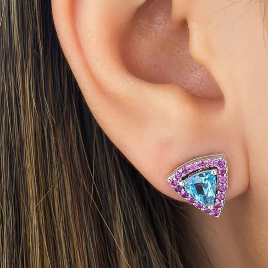 18k gold earrings with trillion-cut aquamarine and pink sapphire accents