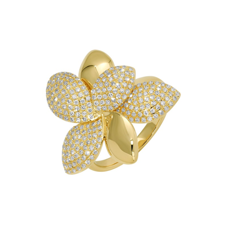 triple row diamond flower ring in 14k gold with round diamonds
