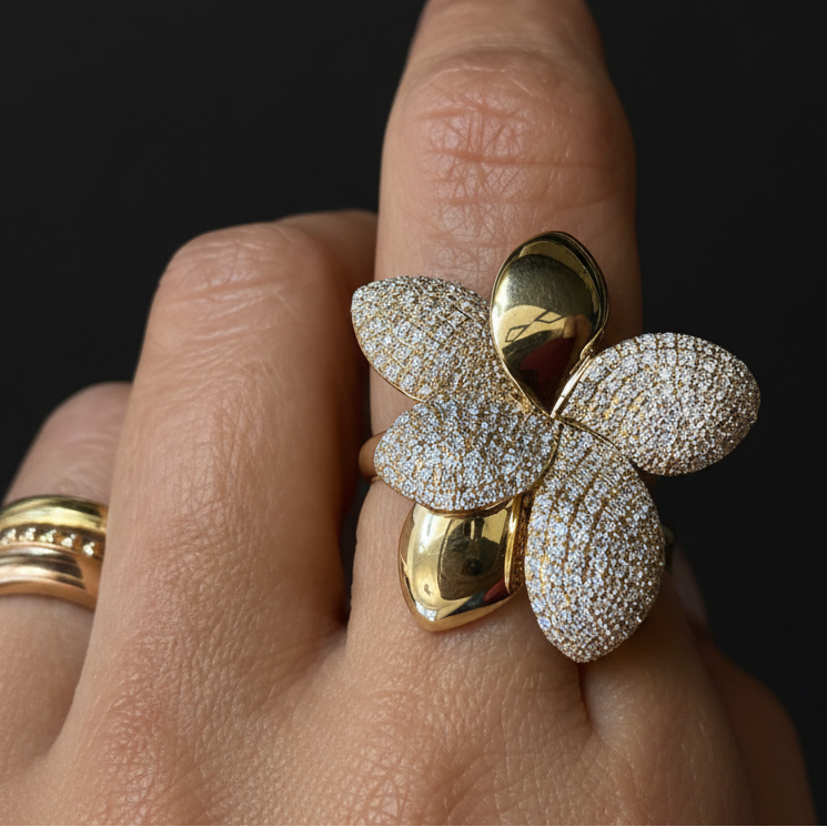 triple row diamond flower ring in 14k gold with round diamonds