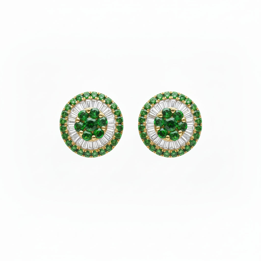 18k yellow gold cluster stud earrings with central round emeralds and a baguette-and-round diamond tsavorite