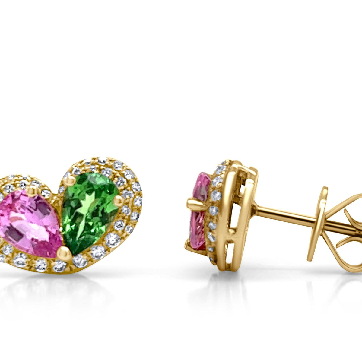 18k white gold tsavorite pink sapphire and diamond halo earrings by Diamond Tales