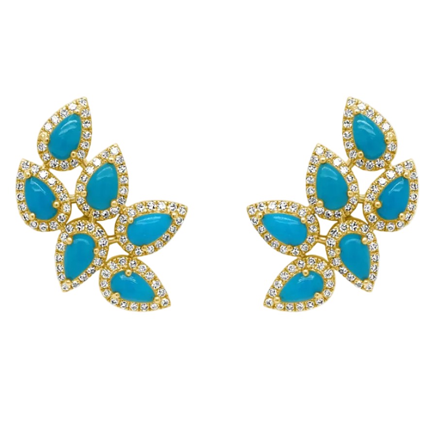 14k yellow gold climber earrings with pear cabochon turquoise and diamonds