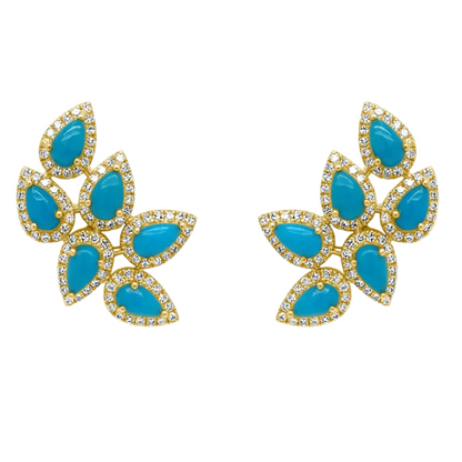 14k yellow gold climber earrings with pear cabochon turquoise and diamonds