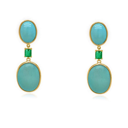 18k yellow gold earrings with 19.80 carats of turquoise and two emeralds totaling 0.51 carats