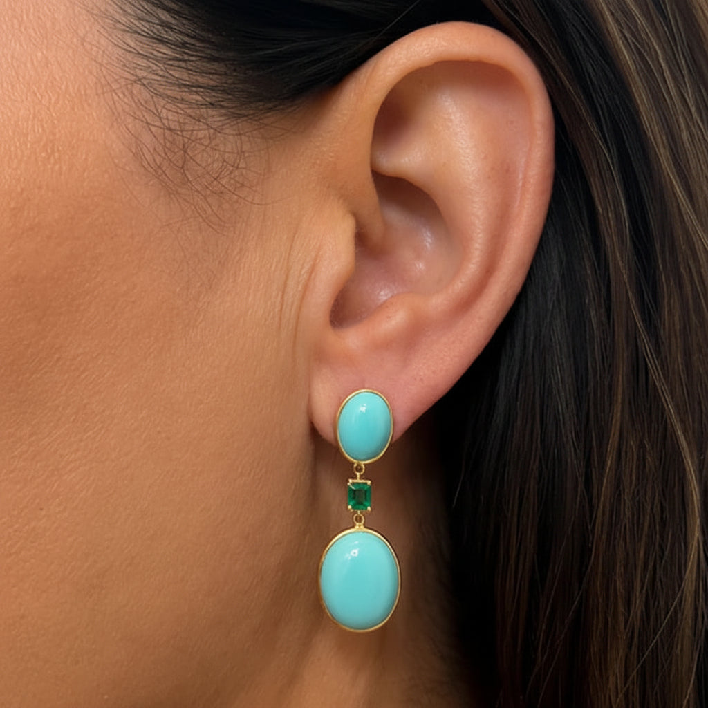 18k yellow gold earrings with 19.80 carats of turquoise and two emeralds totaling 0.51 carats