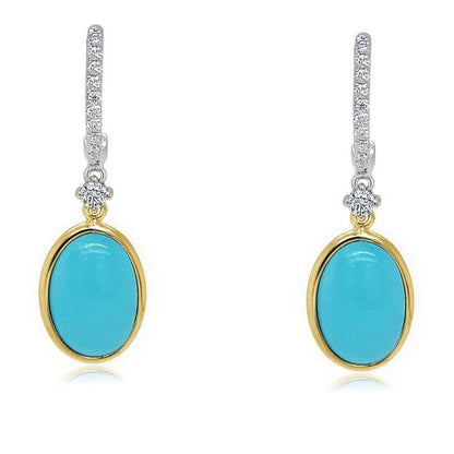 18k two-tone gold hoop earrings with turquoise ovals and 0.16 cts of diamonds