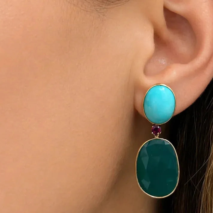 14k yellow gold drop earrings with 13.00 cts turquoise, 27.00 cts green agate and 0.39 cts rubies