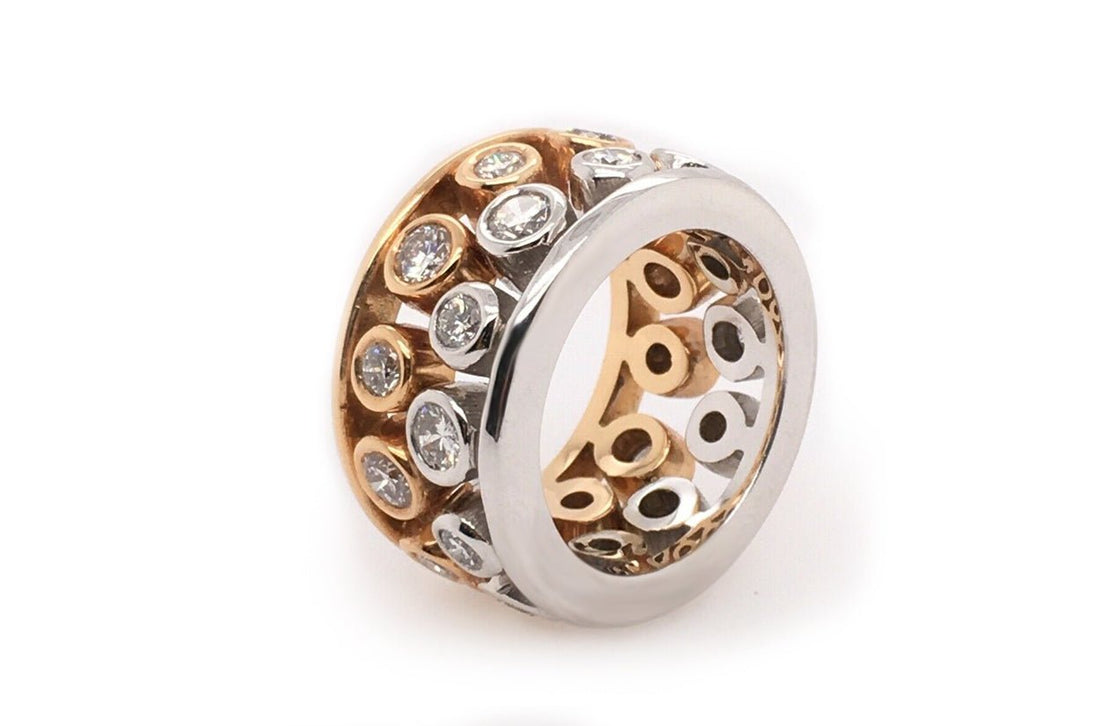 two-tone 18k rose and white gold ring with 24 round diamonds totaling 2.40 cts
