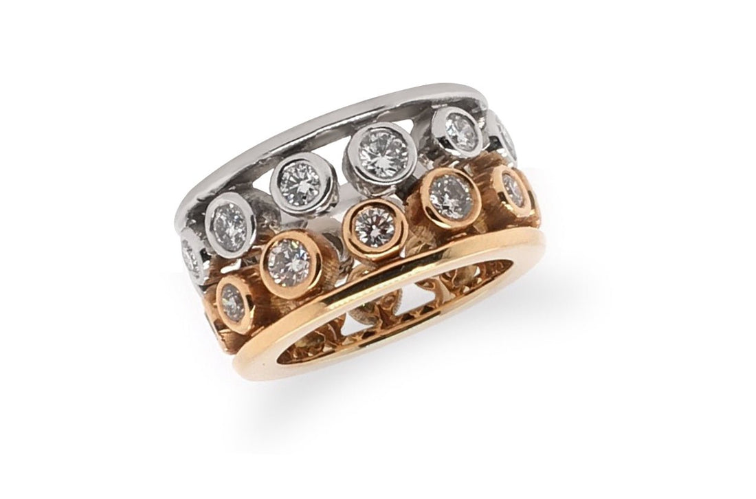 two-tone 18k rose and white gold ring with 24 round diamonds totaling 2.40 cts