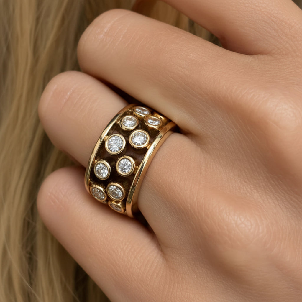 two-tone 18k rose and white gold ring with 24 round diamonds totaling 2.40 cts