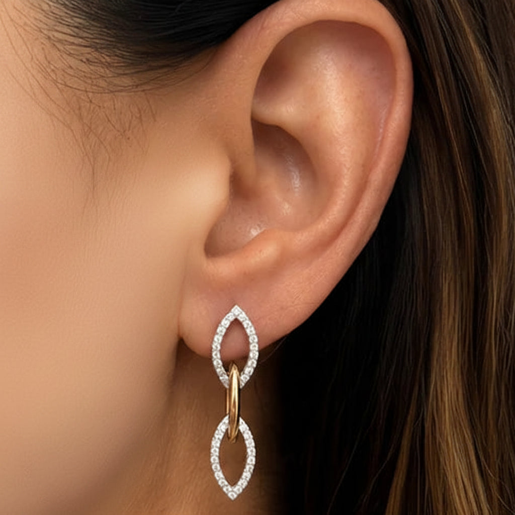 14k two-tone gold link earrings with 87 round brilliant-cut diamonds totaling 0.96 carats