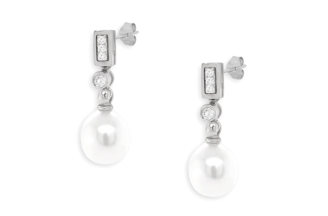 18k gold drop earrings with white pearls and diamond accents